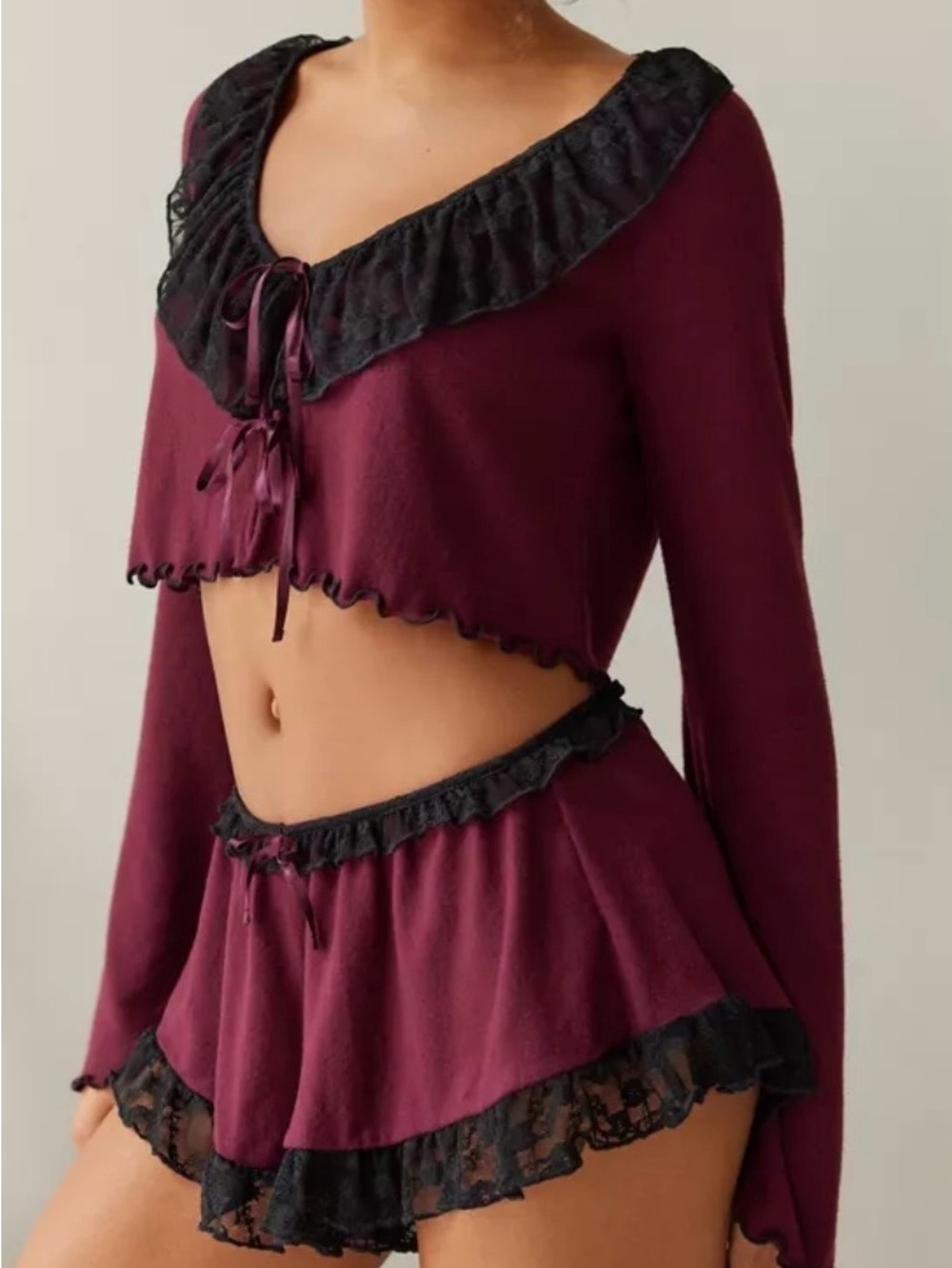 Urban Outfitters Wine-Red Long-Sleeve Crop Top with Black Lace Collar - Picture 5 of 6